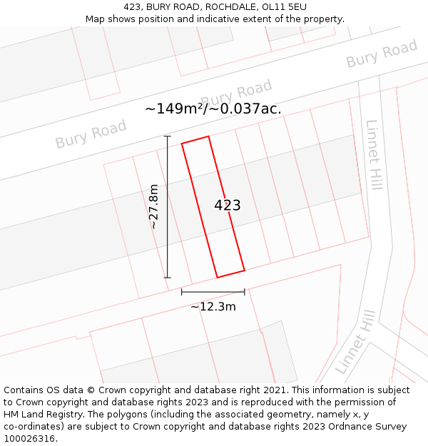423, BURY ROAD, ROCHDALE, OL11 5EU: Plot and title map