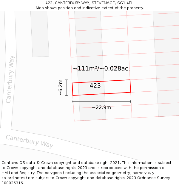 423, CANTERBURY WAY, STEVENAGE, SG1 4EH: Plot and title map