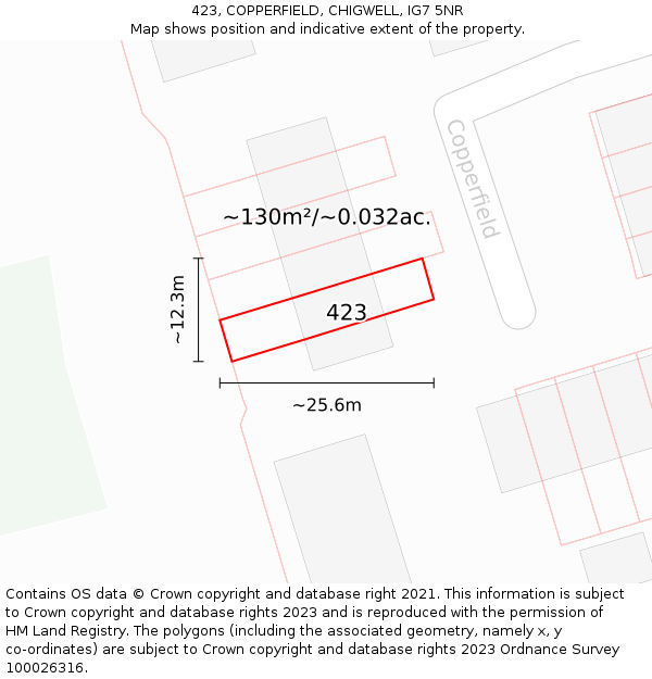 423, COPPERFIELD, CHIGWELL, IG7 5NR: Plot and title map