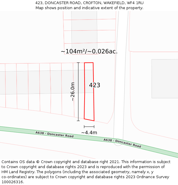 423, DONCASTER ROAD, CROFTON, WAKEFIELD, WF4 1RU: Plot and title map
