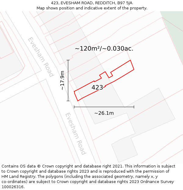 423, EVESHAM ROAD, REDDITCH, B97 5JA: Plot and title map