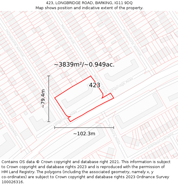 423, LONGBRIDGE ROAD, BARKING, IG11 9DQ: Plot and title map