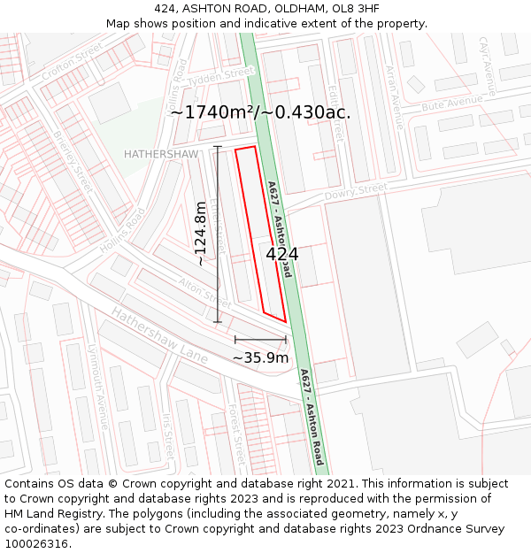 424, ASHTON ROAD, OLDHAM, OL8 3HF: Plot and title map