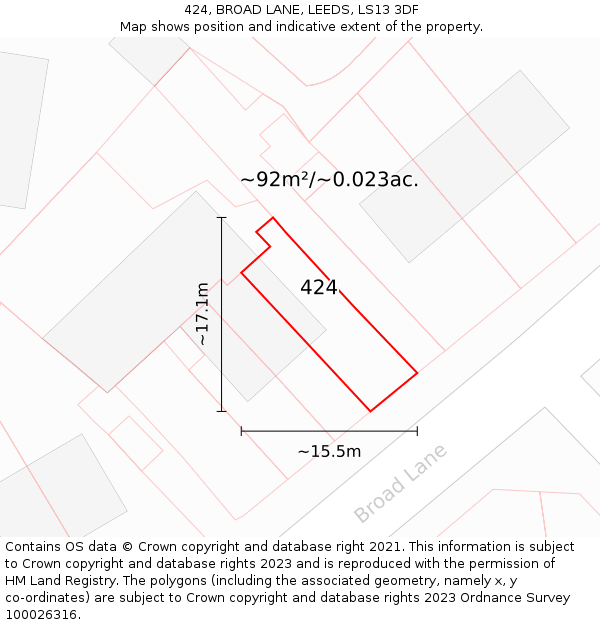 424, BROAD LANE, LEEDS, LS13 3DF: Plot and title map