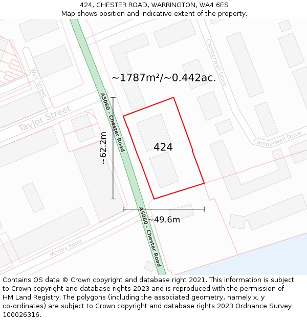 424, CHESTER ROAD, WARRINGTON, WA4 6ES: Plot and title map