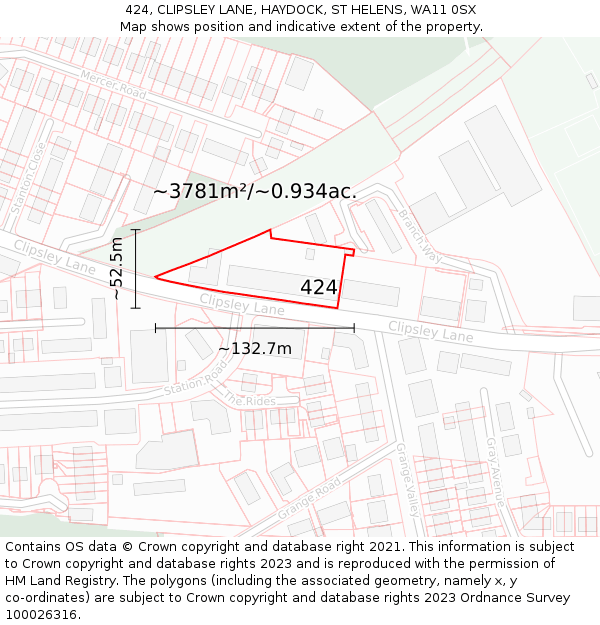 424, CLIPSLEY LANE, HAYDOCK, ST HELENS, WA11 0SX: Plot and title map