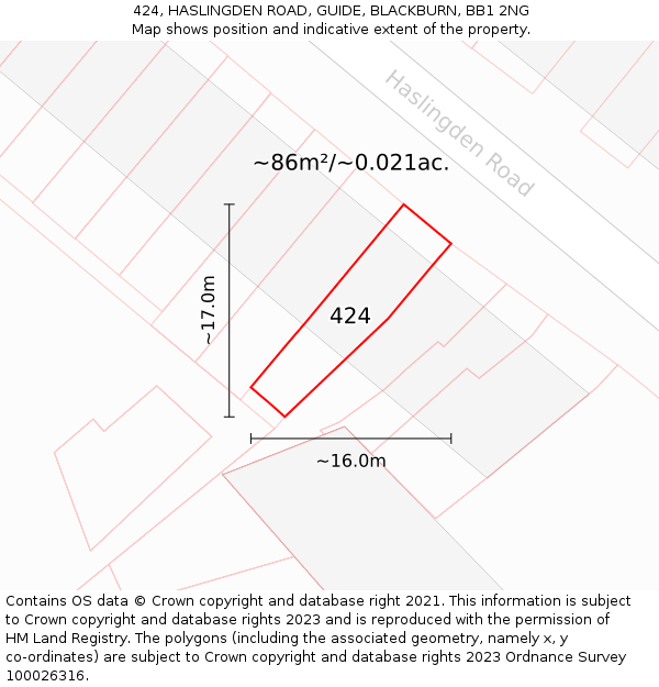 424, HASLINGDEN ROAD, GUIDE, BLACKBURN, BB1 2NG: Plot and title map