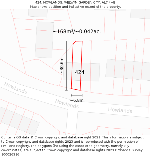 424, HOWLANDS, WELWYN GARDEN CITY, AL7 4HB: Plot and title map