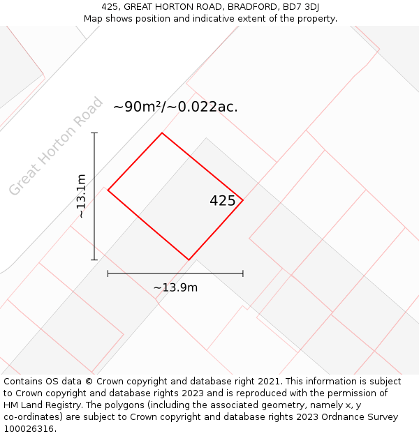 425, GREAT HORTON ROAD, BRADFORD, BD7 3DJ: Plot and title map