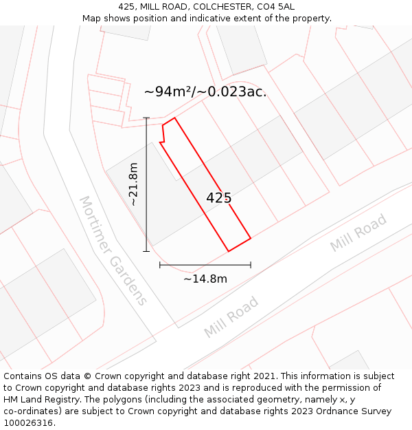 425, MILL ROAD, COLCHESTER, CO4 5AL: Plot and title map