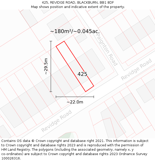 425, REVIDGE ROAD, BLACKBURN, BB1 8DF: Plot and title map