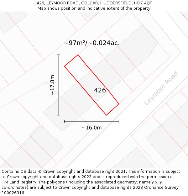 426, LEYMOOR ROAD, GOLCAR, HUDDERSFIELD, HD7 4QF: Plot and title map