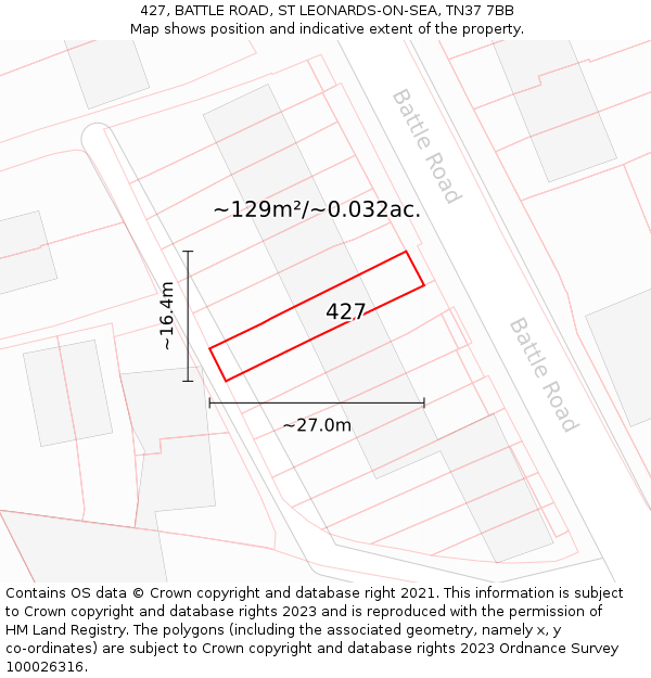 427, BATTLE ROAD, ST LEONARDS-ON-SEA, TN37 7BB: Plot and title map