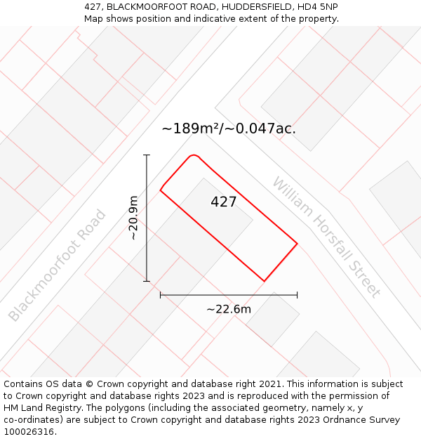 427, BLACKMOORFOOT ROAD, HUDDERSFIELD, HD4 5NP: Plot and title map