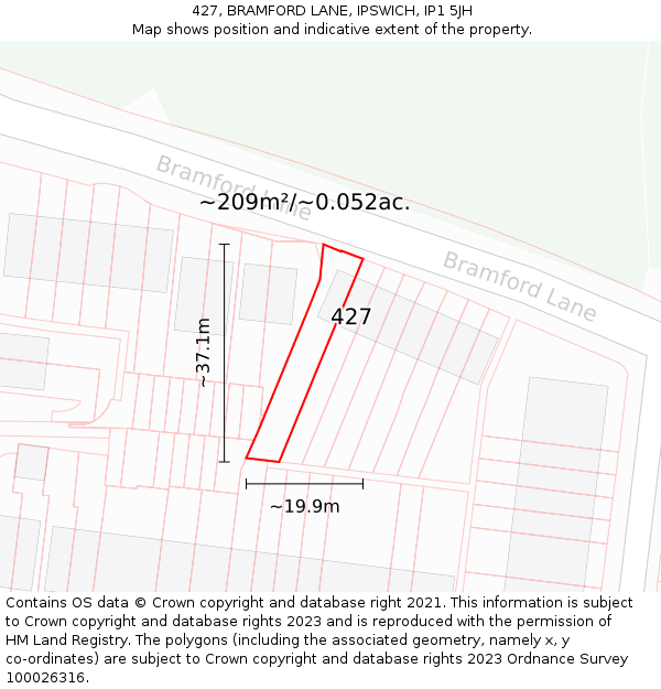 427, BRAMFORD LANE, IPSWICH, IP1 5JH: Plot and title map