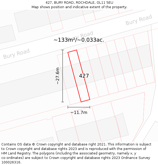 427, BURY ROAD, ROCHDALE, OL11 5EU: Plot and title map