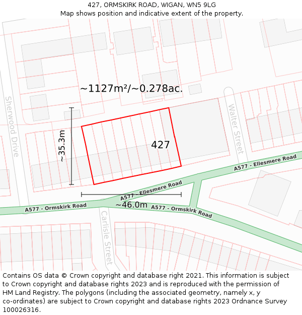 427, ORMSKIRK ROAD, WIGAN, WN5 9LG: Plot and title map