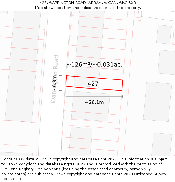 427, WARRINGTON ROAD, ABRAM, WIGAN, WN2 5XB: Plot and title map