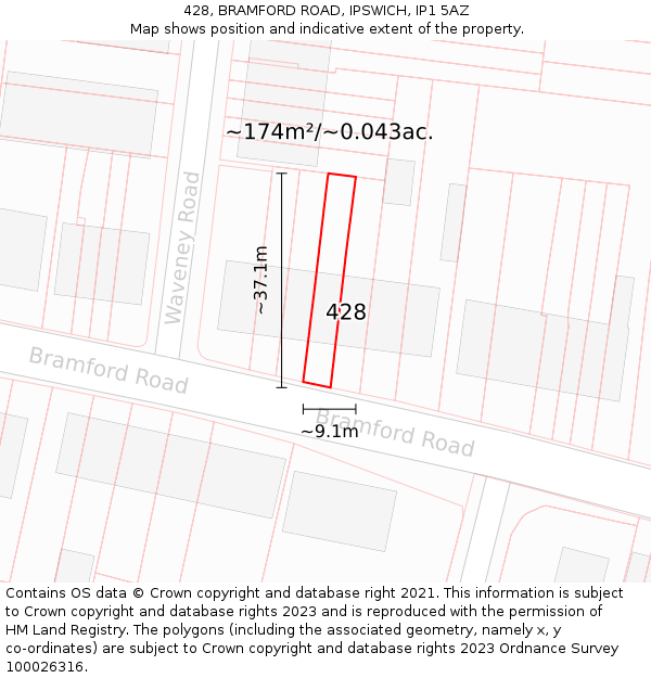 428, BRAMFORD ROAD, IPSWICH, IP1 5AZ: Plot and title map