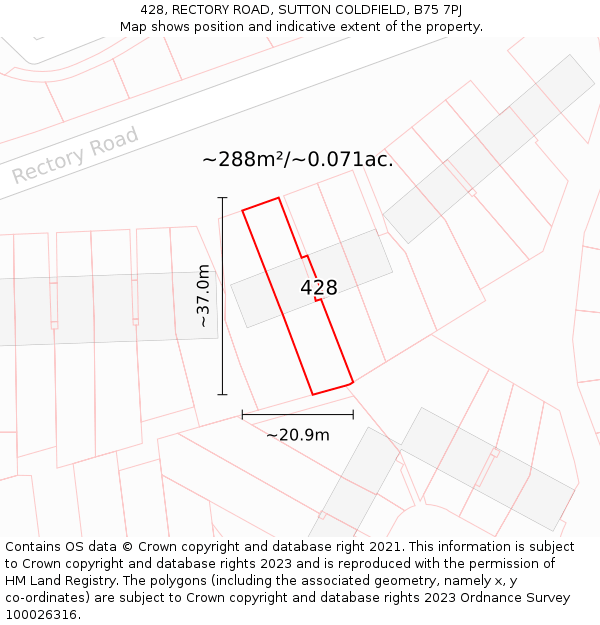 428, RECTORY ROAD, SUTTON COLDFIELD, B75 7PJ: Plot and title map