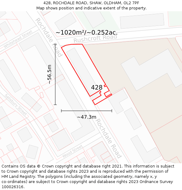 428, ROCHDALE ROAD, SHAW, OLDHAM, OL2 7PF: Plot and title map