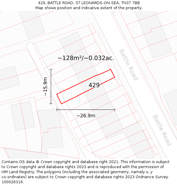 429, BATTLE ROAD, ST LEONARDS-ON-SEA, TN37 7BB: Plot and title map
