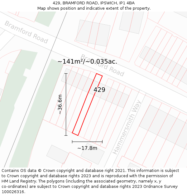 429, BRAMFORD ROAD, IPSWICH, IP1 4BA: Plot and title map