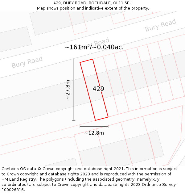 429, BURY ROAD, ROCHDALE, OL11 5EU: Plot and title map