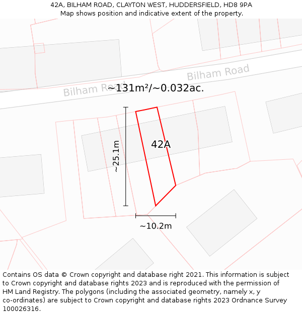 42A, BILHAM ROAD, CLAYTON WEST, HUDDERSFIELD, HD8 9PA: Plot and title map