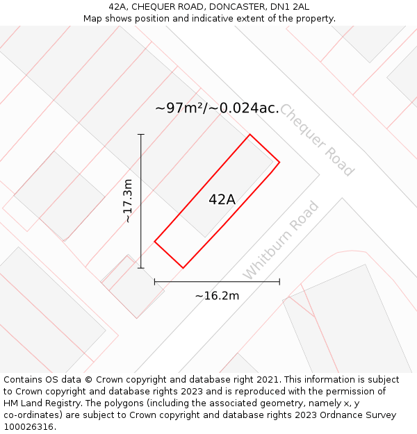 42A, CHEQUER ROAD, DONCASTER, DN1 2AL: Plot and title map