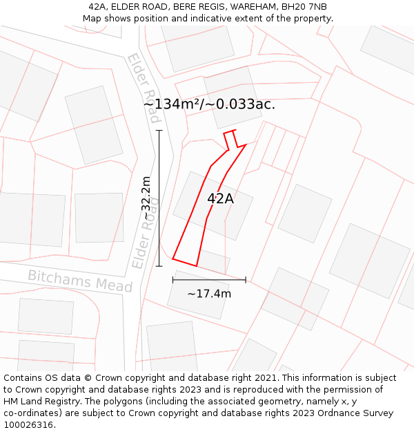 42A, ELDER ROAD, BERE REGIS, WAREHAM, BH20 7NB: Plot and title map