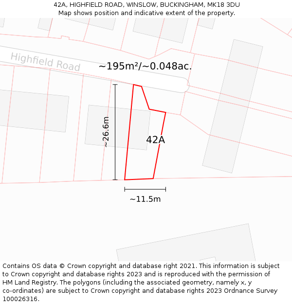 42A, HIGHFIELD ROAD, WINSLOW, BUCKINGHAM, MK18 3DU: Plot and title map
