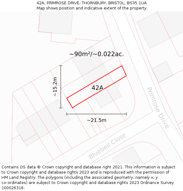 42A, PRIMROSE DRIVE, THORNBURY, BRISTOL, BS35 1UA: Plot and title map