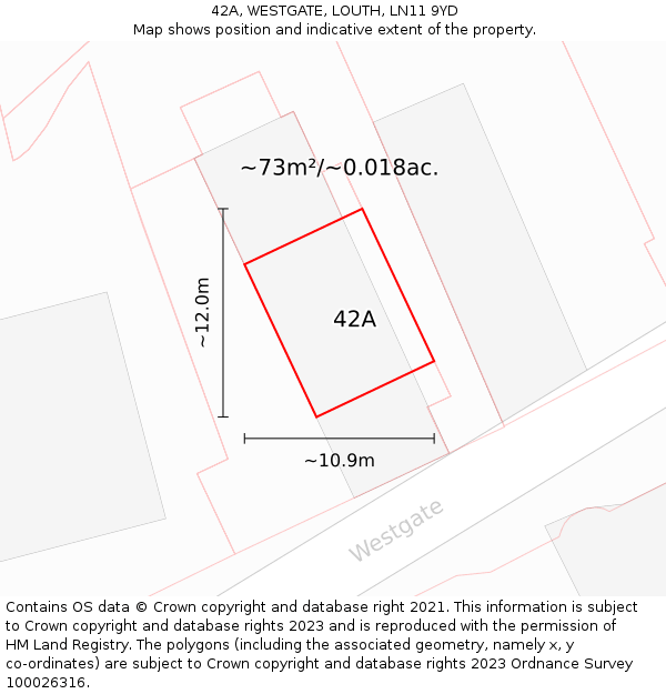 42A, WESTGATE, LOUTH, LN11 9YD: Plot and title map