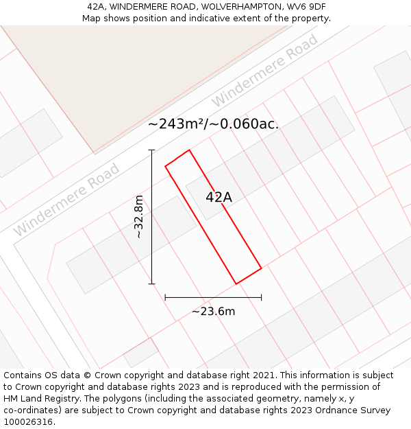 42A, WINDERMERE ROAD, WOLVERHAMPTON, WV6 9DF: Plot and title map