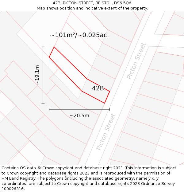 42B, PICTON STREET, BRISTOL, BS6 5QA: Plot and title map