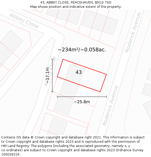 43, ABBEY CLOSE, PEACEHAVEN, BN10 7SD: Plot and title map