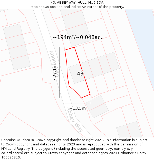43, ABBEY WAY, HULL, HU5 1DA: Plot and title map