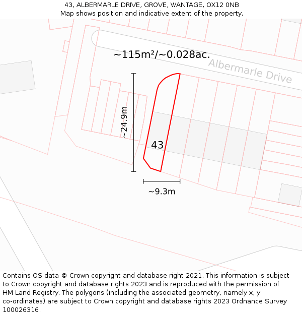 43, ALBERMARLE DRIVE, GROVE, WANTAGE, OX12 0NB: Plot and title map
