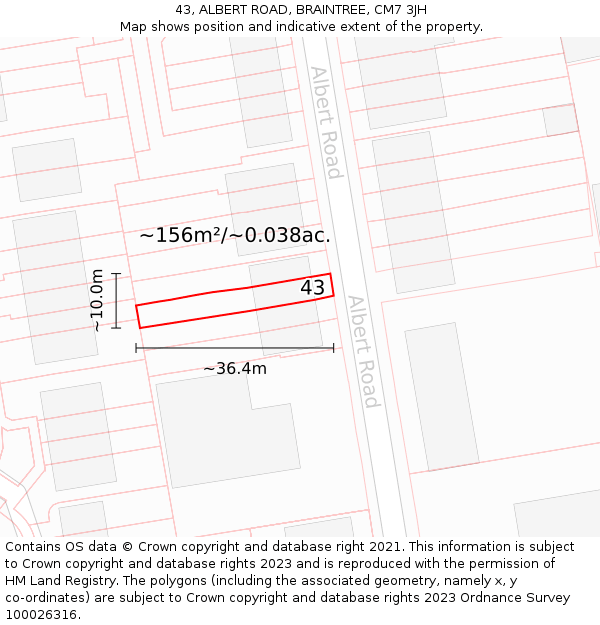 43, ALBERT ROAD, BRAINTREE, CM7 3JH: Plot and title map