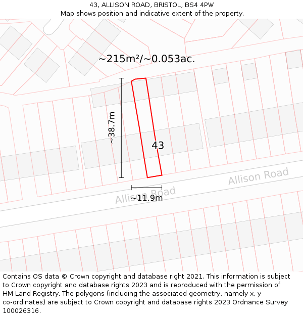 43, ALLISON ROAD, BRISTOL, BS4 4PW: Plot and title map
