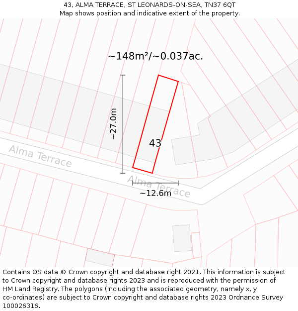 43, ALMA TERRACE, ST LEONARDS-ON-SEA, TN37 6QT: Plot and title map