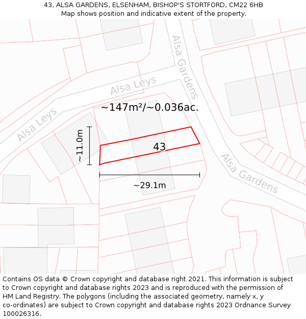 43, ALSA GARDENS, ELSENHAM, BISHOP'S STORTFORD, CM22 6HB: Plot and title map