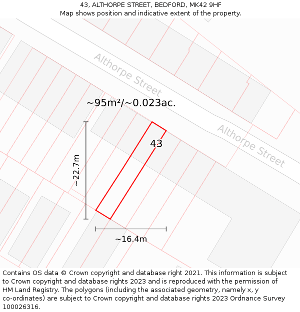 43, ALTHORPE STREET, BEDFORD, MK42 9HF: Plot and title map