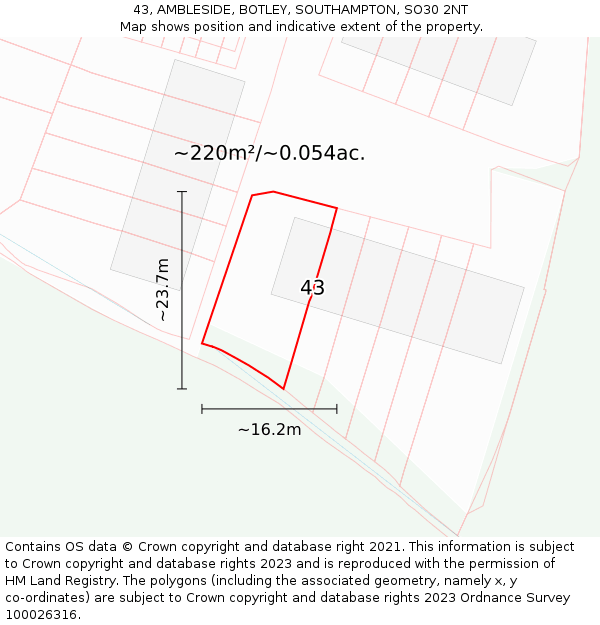 43, AMBLESIDE, BOTLEY, SOUTHAMPTON, SO30 2NT: Plot and title map