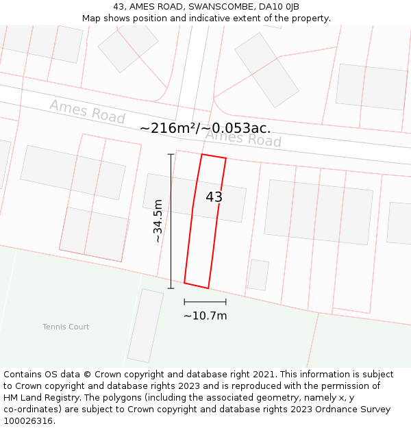 43, AMES ROAD, SWANSCOMBE, DA10 0JB: Plot and title map