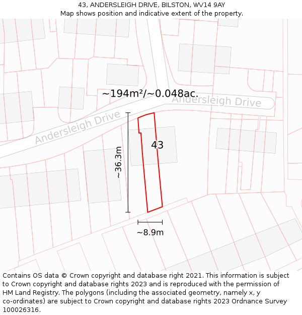 43, ANDERSLEIGH DRIVE, BILSTON, WV14 9AY: Plot and title map