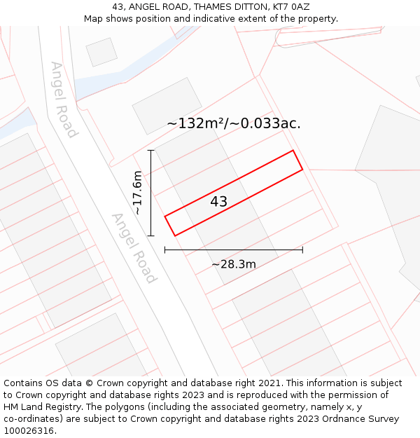 43, ANGEL ROAD, THAMES DITTON, KT7 0AZ: Plot and title map