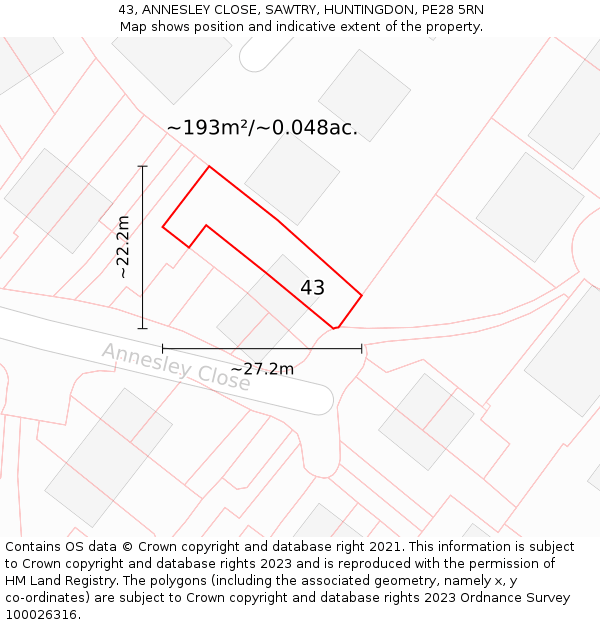 43, ANNESLEY CLOSE, SAWTRY, HUNTINGDON, PE28 5RN: Plot and title map
