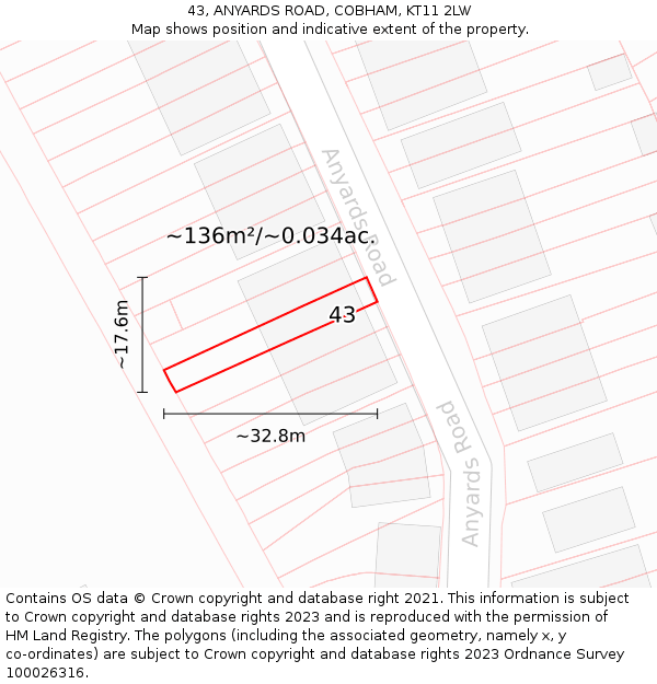 43, ANYARDS ROAD, COBHAM, KT11 2LW: Plot and title map
